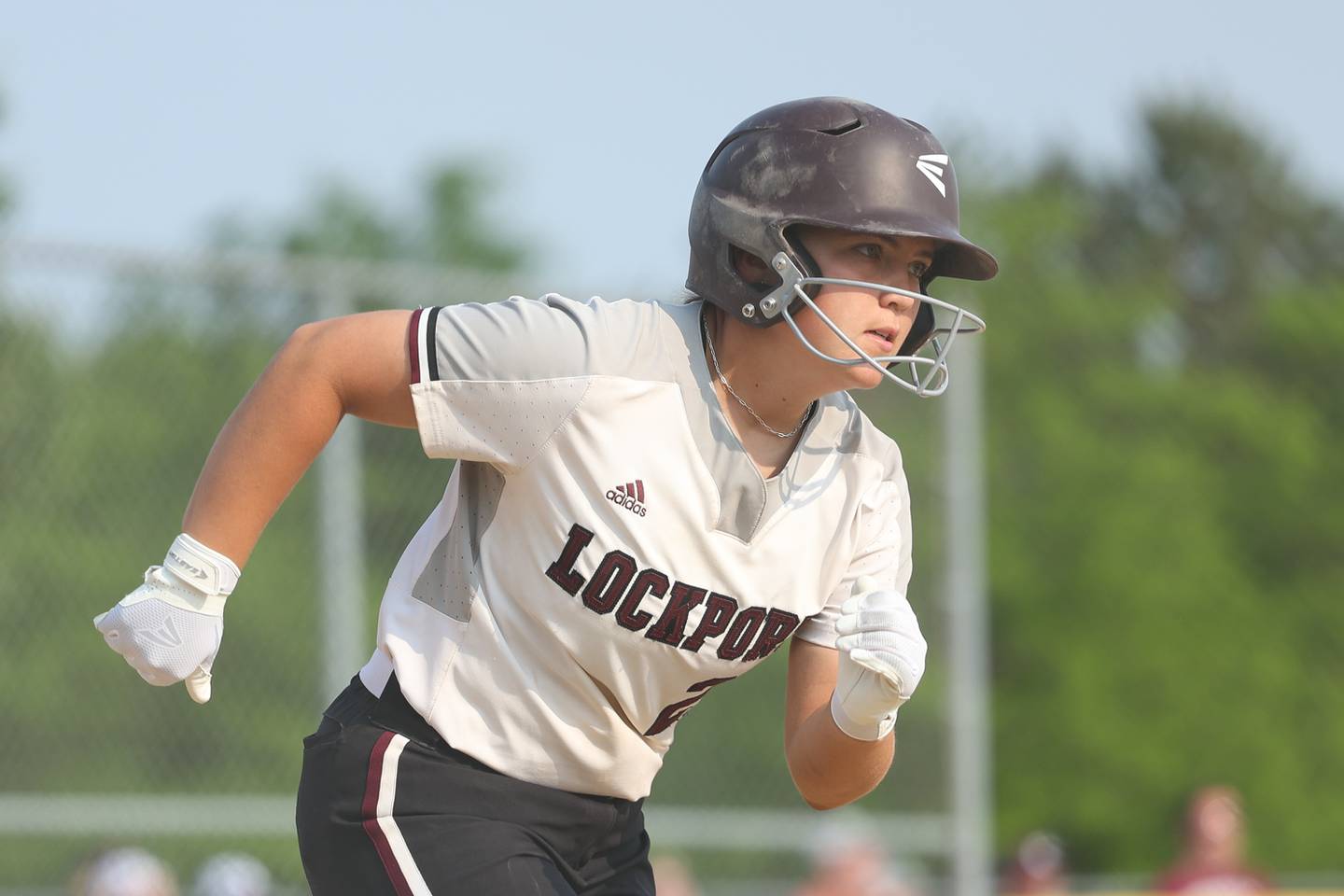 Lockport’s Sarah Viar sprints to first against Marist in the Class 4A Marist Supersectional on Monday, June 5, 2023 in Chicago.