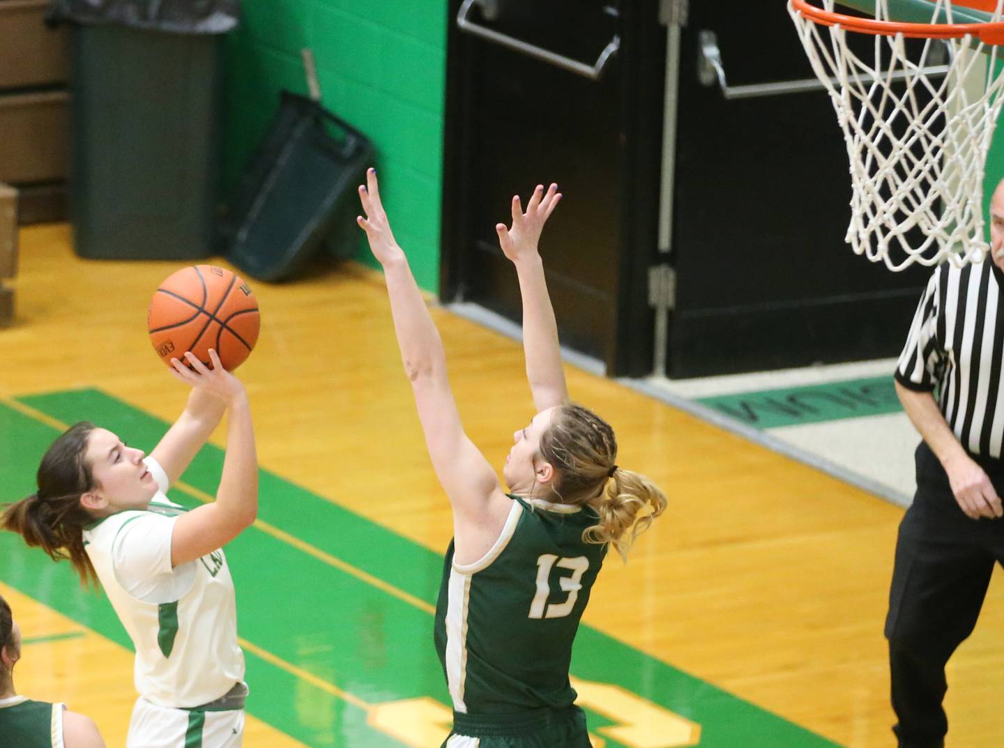 Seneca's Alyssa Zellers eyes the hoop over St. Bede's Ashlyn Ehm on Monday, Jan. 29, 2024 at Seneca High School.