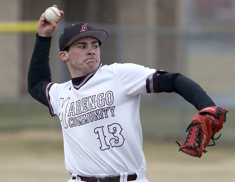 Marengo's Ty Sierpien throws a pitch during a non-conference baseball game Wednesday, March 30, 2022, between Marengo and Hampshire at Marengo High School.