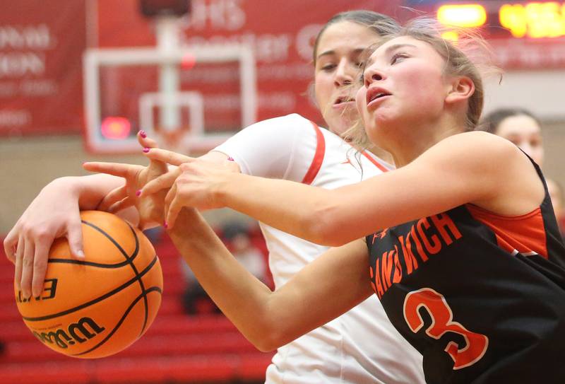 Ottawa's Marlie Orlandi steals the ball from Sandwich's Alee Subat on Monday, Jan. 27, 2025 in Kingman Gym at Ottawa High School.