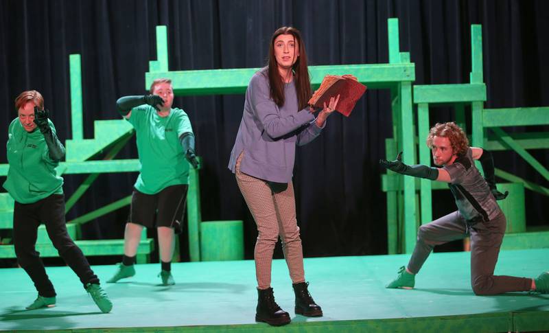 Jane Porter- Serena Rogers (center) Plants (back from left) Monika Sudakov, Jackson Layhew, Karsen Gromm out a scene during a rehearsal of "Tarzan" on Thursday, Jan. 16, 2025 at Stage 212 in La Salle.