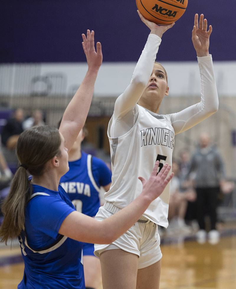 Kaneland’s Sophia Rosati puts in a bucket against Geneva Monday, Feb. 16, 2026, in the Class 3A regional semifinals.