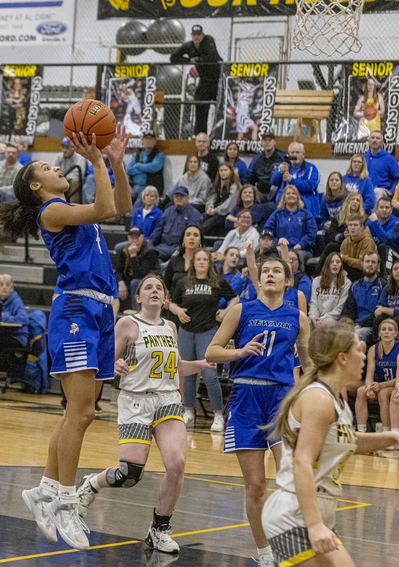 Newark's Kiara Wessah shoots a jump shot in the lane against Putnam County during the Class 1A Regional final game on Thursday, Feb. 16, 2023 at Putnam County High School.