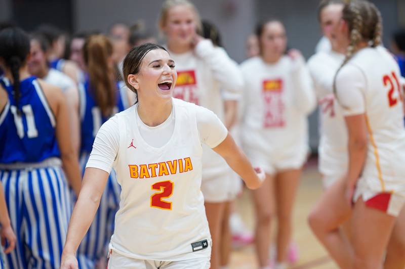 Batavia's Brooke Carlson (2) reacts after defeating Geneva in an overtime basketball game at Batavia High School on Friday, Jan 26, 2024.