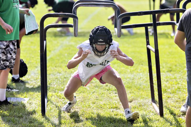Rock Falls’ Connor Fritz runs through drills Tuesday, August 12, 2025. The team hit the gridiron for day two of practices ahead of the 2025 season.