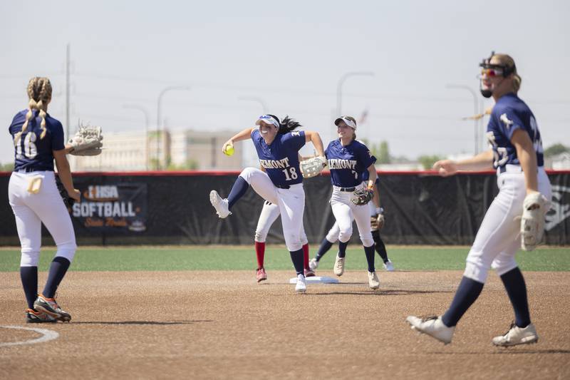 Lemont’s Natalie Pacyga celebrates a caught stealing to end the inning against Benet Academy Friday, June 9, 2023 in the class 3A state softball semifinal.