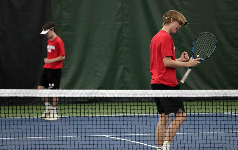 Hinsdale Central’s Alex Kotarski, right & James Theriault, celebrate a point as they play Metea Valley’s Akshay Baid & Nikunj Tyagi, during the IHSA State boys tennis tournament 2A Doubles action Thursday May 26, 2022 at the Vaughn Tennis Center in Aurora.