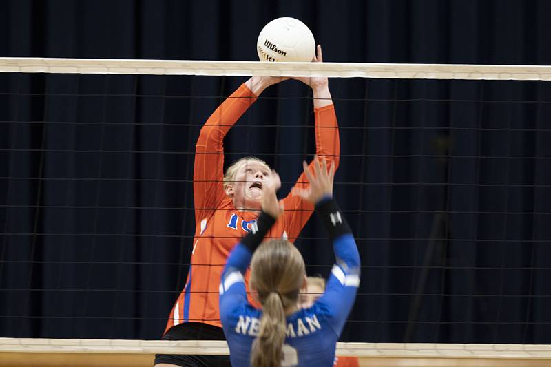 Eastland’s Jenica Stoner plays the ball over the net in game one Wednesday, Oct. 26, 2022 in the semifinal volleyball match against Newman.