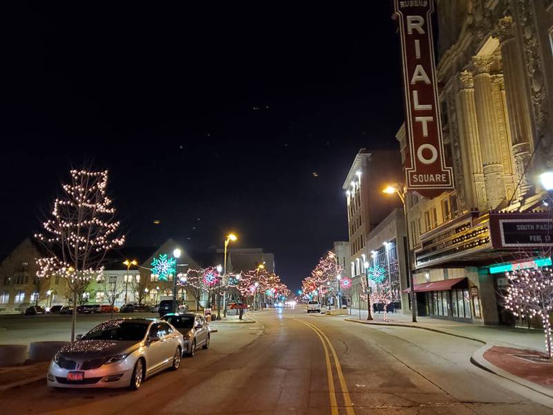 Downtown Joliet at night before the holidays is filled with a quiet, peaceful holiday spirit, if you know where to look.