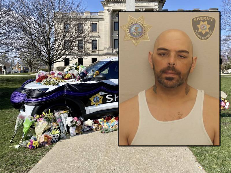 Nathan P. Sweeney, 44, of DeKalb, was arrested and charged Wednesday, April 3, 2024, with DUI and reckless homicide in the March 28, 2024, crash that killed DeKalb County Sheriff's Deputy Christina Musil, 35, a military veteran and mother of three. (Inset photo provided by Ogle County Sheriff Brian VanVickle.)