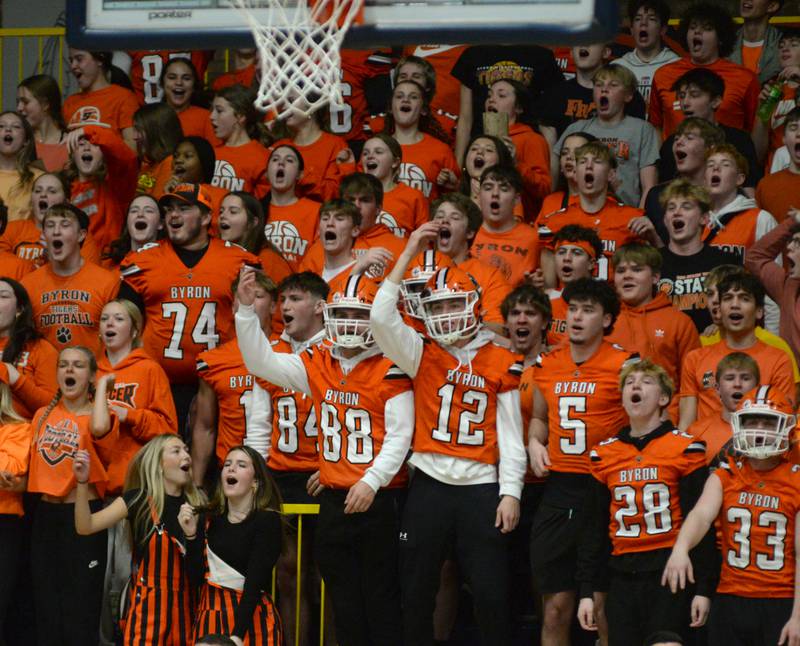 The Byron student section cheers on the Tigers during the 2A Supersectional in Sterling on Monday, March 4, 2024. The Tigers beat Chicago Latin 85-71 to advance to the state finals this week in Champaign. Byron will play Benton at 3:45 p.m. on Thursday in the semifinals. The 2A championship is scheduled for Saturday at 1 p.m.