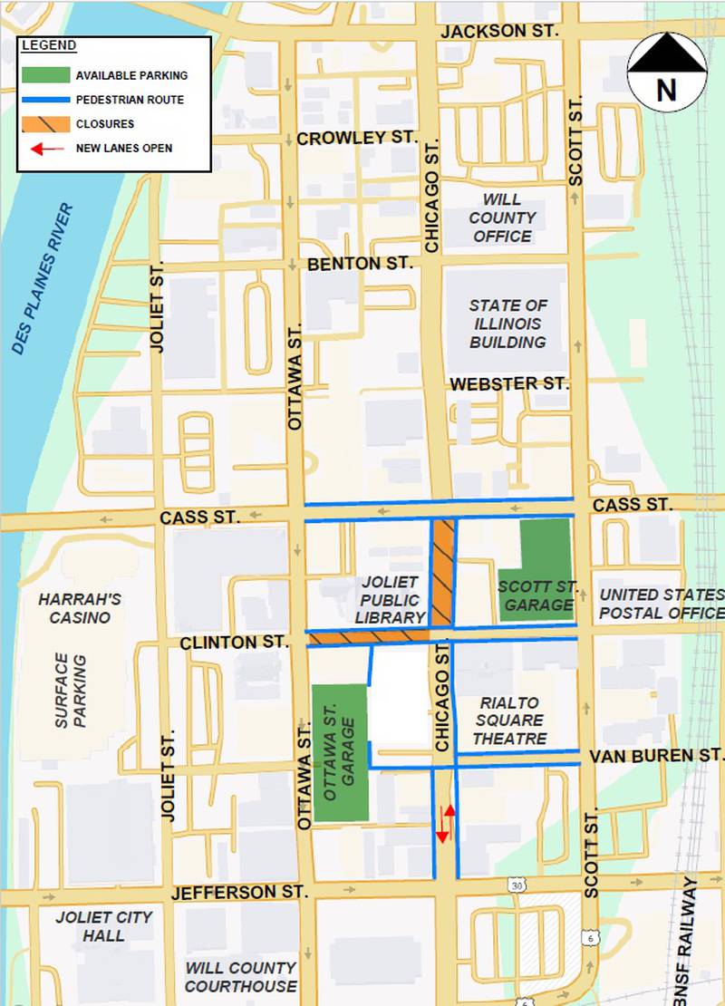 As part of the next phase of construction for the downtown Joliet Chicago Street Streetscape project, traffic control and safety measures will be changing beginning, Monday, April 7, 2025, for water main work on Clinton Street from Ottawa Street to Scott Street.