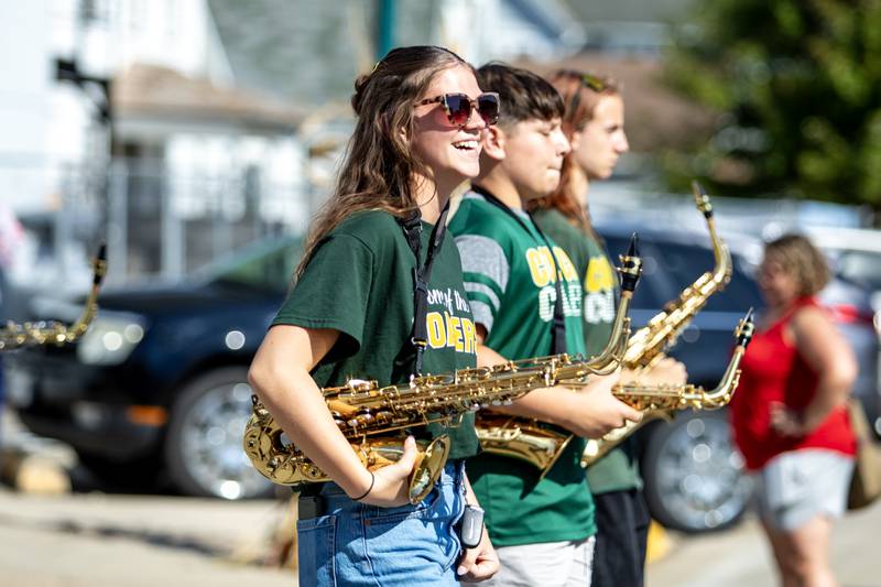Lavila Wantroba walks with the Coal City Marching Band during the Grundy County Corn Festival Parade in Downtown Morris on Sept. 28, 2025.