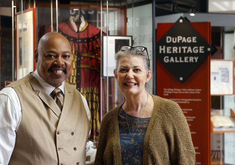 DuPage County Board Members, Mike Childress and Dawn DeSart at the DuPage Heritage Gallery in the County Administration Building Wednesday, Feb. 26, 2025 at 421 N. County Farm Road in Wheaton Illinois. DuPage County officials plan to update the Gallery and to seek input from the community on the people, places, and stories that should be featured in the new exhibit.