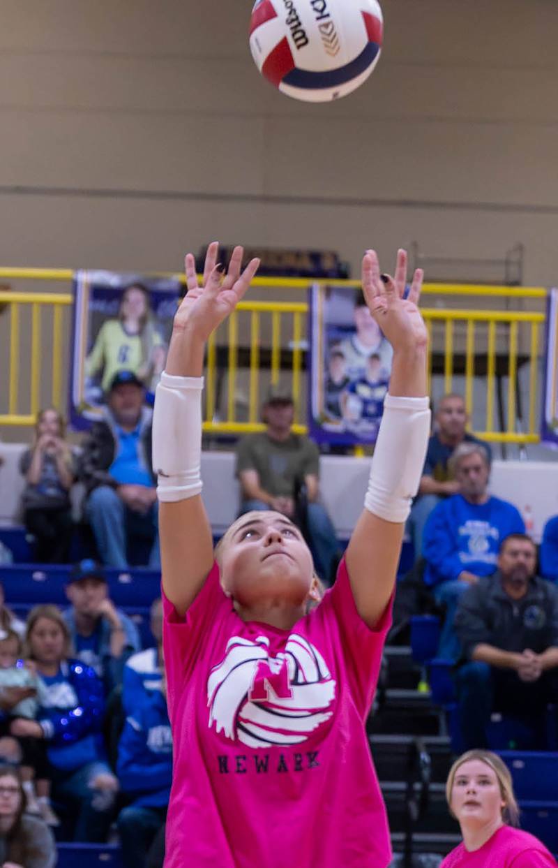 Newark's Tessa Kot sets the ball during the Little Ten Conference Volleyball Tournament Championship on Saturday, Oct. 11, 2025 at Serena High School.