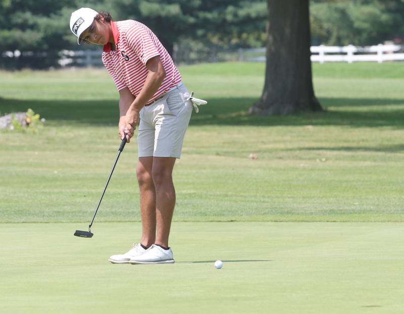 Streator's Cole Park competes in the Streator Bulldog Invitational boys golf meet on Monday, Aug. 21, 2023 at Eastwood Golf Course in Streator.