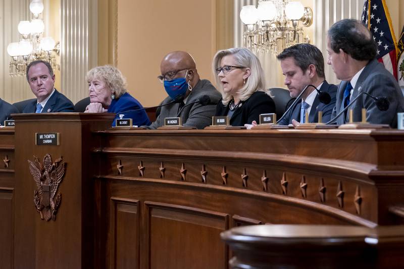 The House panel investigating the Jan. 6 U.S. Capitol insurrection meets to vote on pursuing contempt charges against Jeffrey Clark, a former Justice Department lawyer who aligned with former President Donald Trump as Trump tried to overturn his election defeat, at the Capitol in Washington, Wednesday, Dec. 1, 2021. From left to right are, Rep. Adam Schiff, D-Calif., Rep. Zoe Lofgren, D-Calif., Chairman Bennie Thompson, D-Miss., Vice Chair Liz Cheney, R-Wyo., Rep. Adam Kinzinger, R-Ill., and Rep. Jamie Raskin, D-Md.