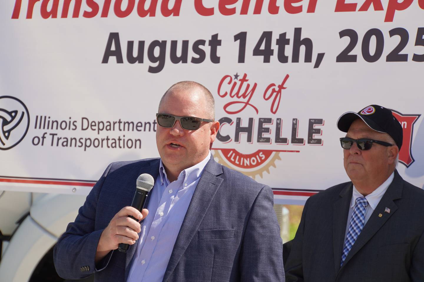 The Burlington Junction Railway’s Peter Hoth speaks at the City of Rochelle's groundbreaking for the expansion of its Rochelle Intermodal Transload Center at 1851 S. Steward Road on Aug. 14.