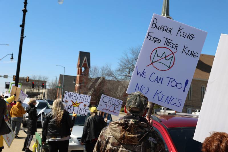Protesters participate in the No Kings rally at the Kankakee County Courthouse on March 28, 2026.