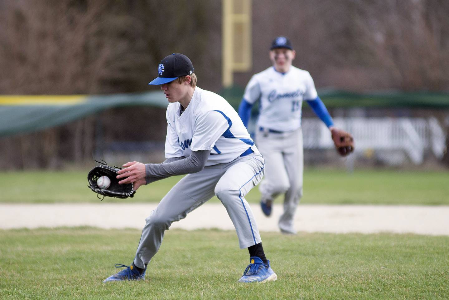 Newman's Brendon Tunink fields a ball off the mound against St. Bede Thursday, April 14, 2022.