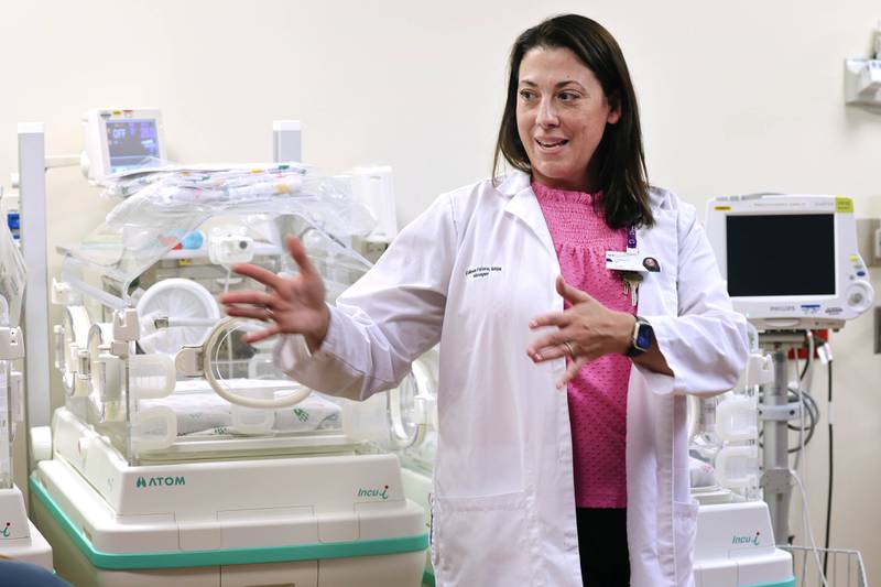 Colleen Faivre MSN, RN, patient care manager in Labor and Delivery at Northwestern Medicine Kishwaukee Hospital, talks Thursday, May 4, 2023, about some of the facilities in her department at the hospital in DeKalb.