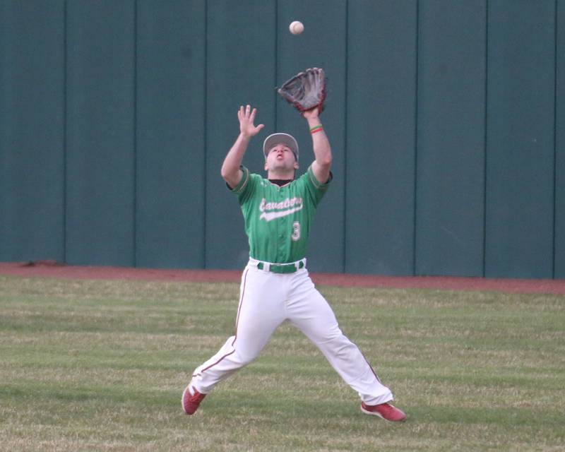 L-P's Brady Romagonli camps out underneath a routine fly ball hit by Kaneland on Thursday, April 11, 2024 at Huby Sarver Field in La Salle.