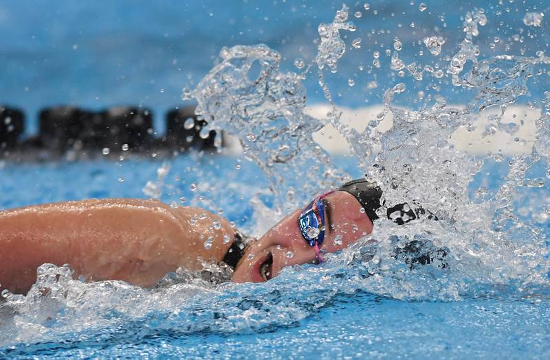 Rosary’s Paige Kowal swims the 200-yard freestyle in the 200-yard freestyle during the girls state swimming preliminaries at the FMC Natatorium on Friday, Nov. 14, 2025 in Westmont.