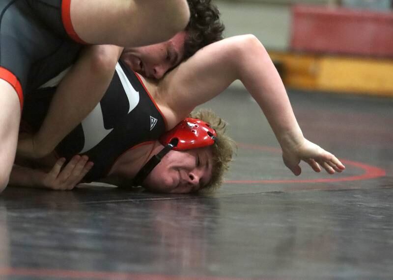 Huntley’s Dylan Cerny, bottom, battles Prairie Ridge’s Frank Matviychuk at 190 pounds in varsity wrestling on Thursday, Jan. 23, 2025, at Huntley High School in Huntley.