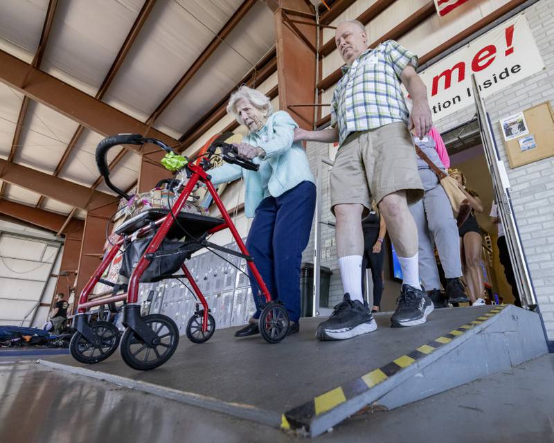 104 year old Dorothy Hoffner of Chicago heads down the ramp into the hanger of Skydive Chicago to gear up for her record breaking attempt on October 1, 2023.