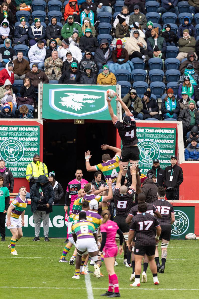 Chicago Hounds' second row Cameron Dodson (4), pulls down a ball on a lineout against NOLA Gold during a Major League Rugby match at Seat Geek Stadium in Bridgeview, on Sunday April 23, 2023.