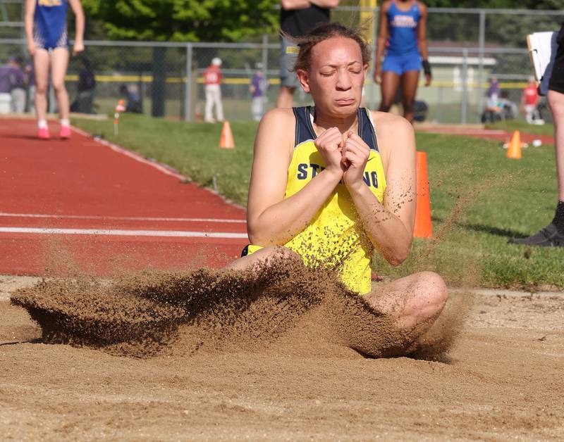 Sterling’s Kirra Gibson participates in the long jump Wednesday, May 8, 2024, during the girls track Class 2A sectional at Rochelle High School.