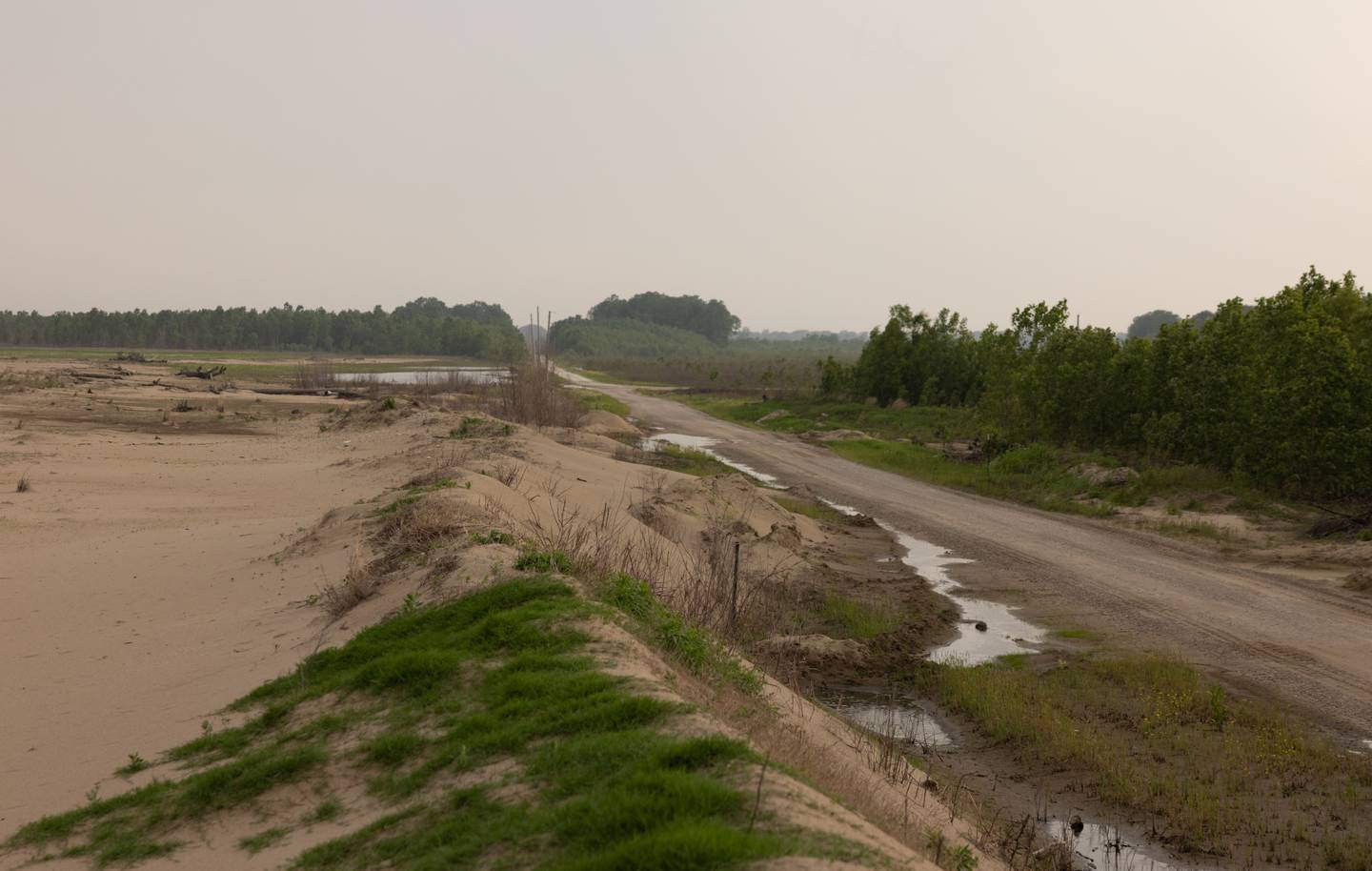 Piles of sand several feet deep remain on former farmland at Dogtooth Bend in May.