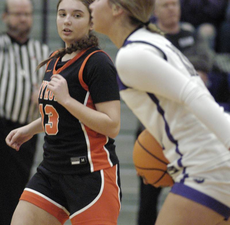 Byron's Brynn Green defends against a Dixon player. The Dixon Duchesses hosted Byron in girls basketball Saturday, Jan. 25, 2025.