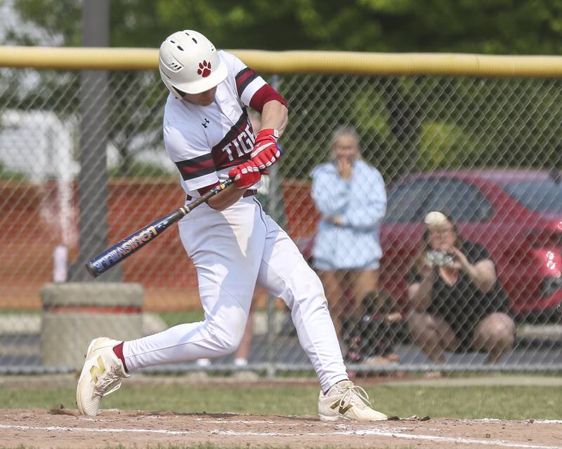 Plainfield North's Brendan Henderson (10) smashes a pitch during Class 4A Plainfield North Regional final baseball game between Oswego at Plainfield North. Saturday, May 31, 2025 in Plainfield.