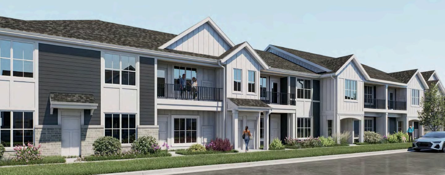 A rendering of the residential townhome apartments at the Seasons at Cary mixed-use development in Cary, located east of Route 31, south of the Walmart Supercenter.