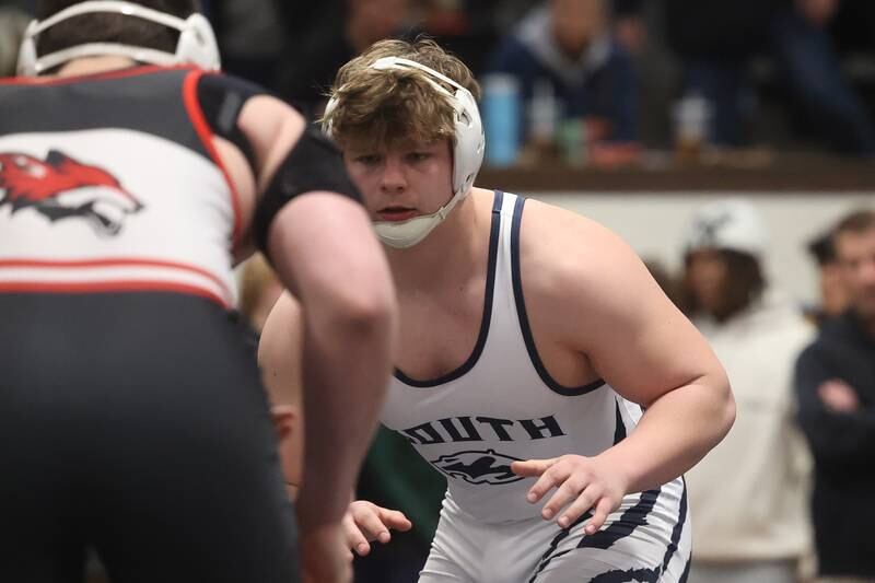 Plainfield South’s Matt Janiak faces Yorkville Ben Alvarez in the Southwest Prairie Conference 215 pound Championship at Joliet Central on Saturday, Jan. 20th, 2024.