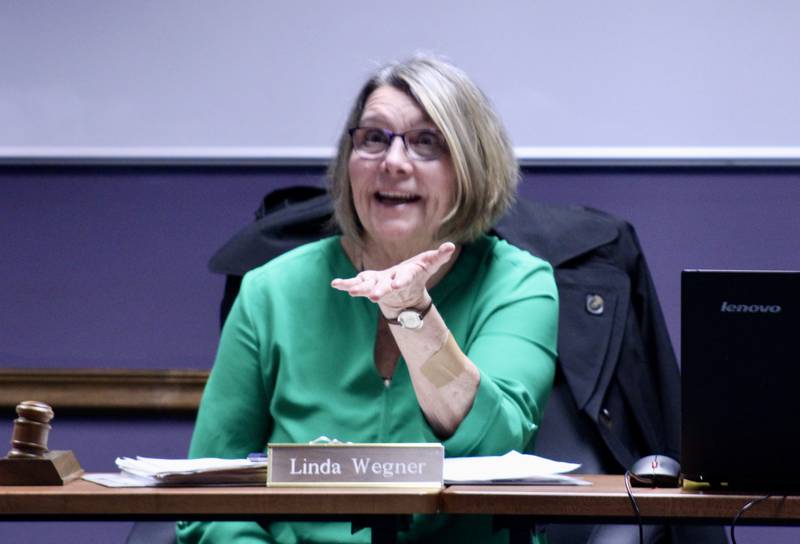 Dixon Public Schools board of education President Linda Wegner takes part in a discussion about the spending plan for COVID-19 relief funds at Wednesday's regular meeting.