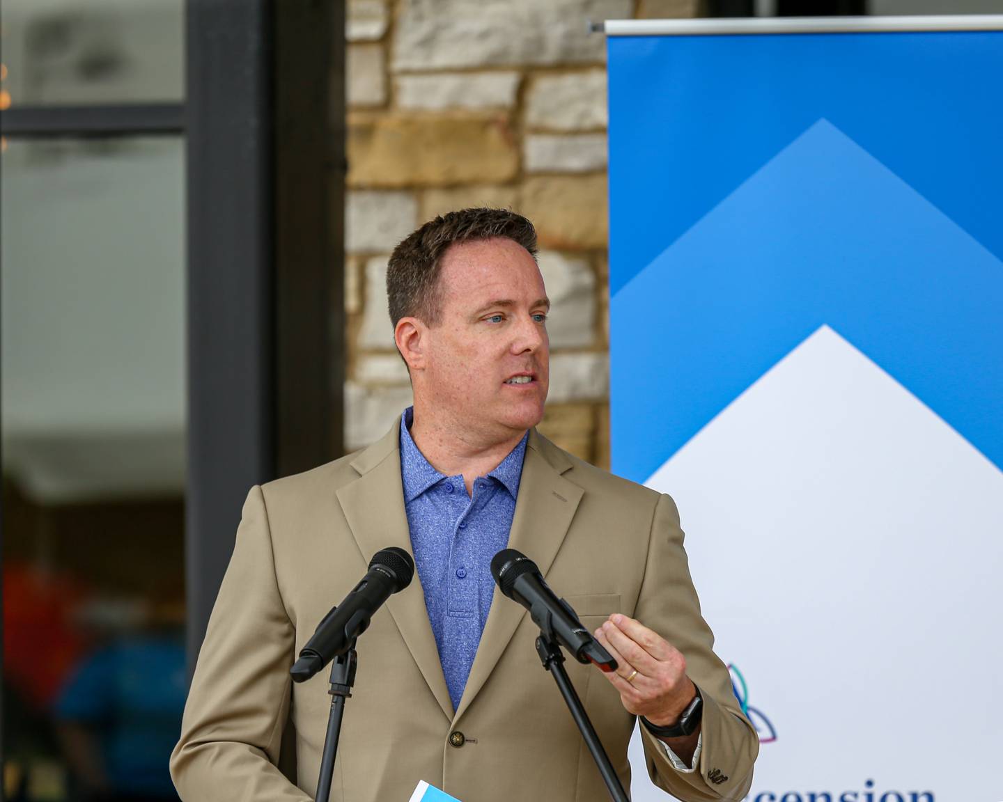 Chris Shride, president of Ascension Saint Joseph Medical Center in Joliet, speaks at the grand opening for a new cancer care center on Sunday, July 17, 2022, at the Ascension Illinois Health Center, 500 S. Weber Road, Romeoville.