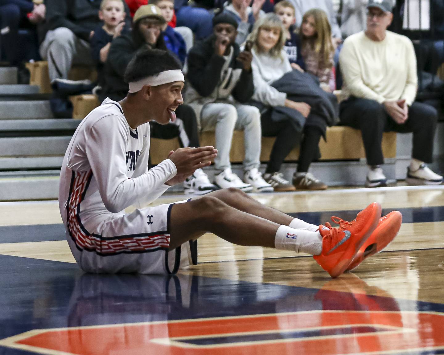 Oswego's Ethan Vahl (3) reacts after he is fouled on a shot during their basketball game between West Aurora at Oswego Monday, Nov 24, 2025 in Oswego.
