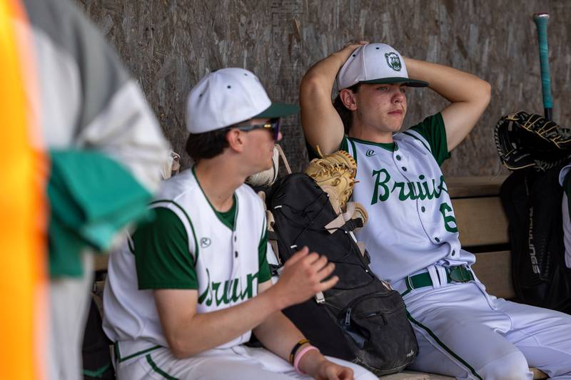 (6) Brennen Hirst of St. Bede appears distraught in dugout after loss on Saturday, May 24, 2025 at Stark County High School in Toulon.