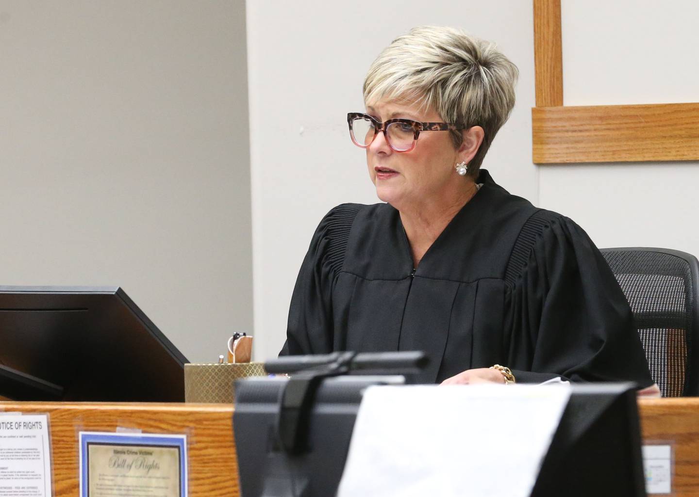 La Salle County Judge Michelle Vescogni reads her verdict Friday, Sept. 5, 2025, finding Logan Petre of Marseilles guilty of first-degree murder. Vescogni rejected Logan's arguments he killed father Leo in self-defense.