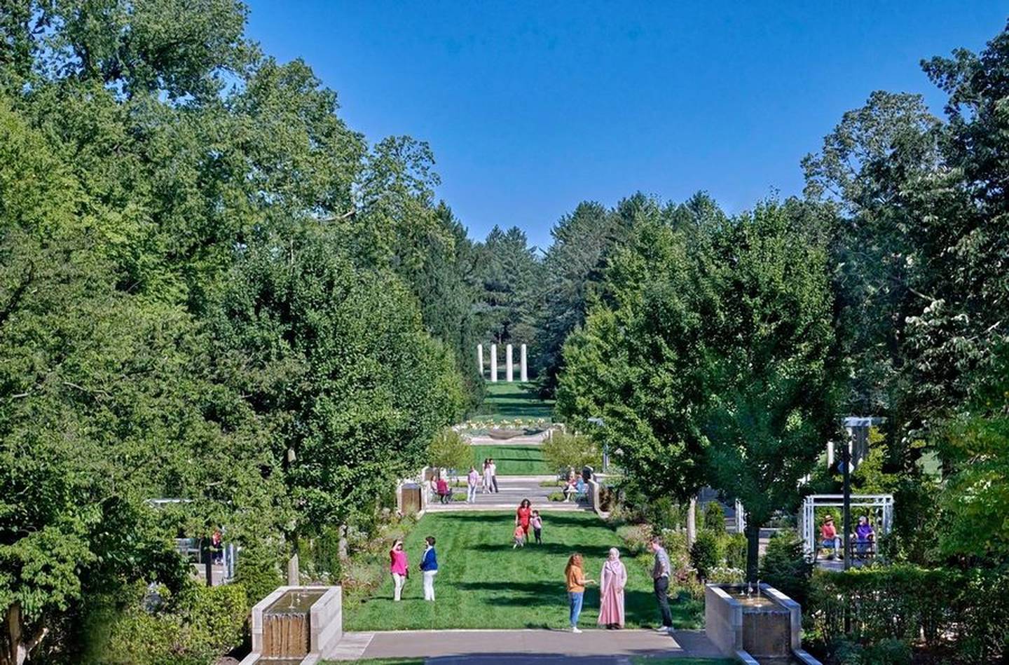 Suzette Morton Davidson, the granddaughter of Morton Arboretum founder Joy Morton, commissioned a Harvard-educated architect to build four columns, seen via the new "Grand Garden."