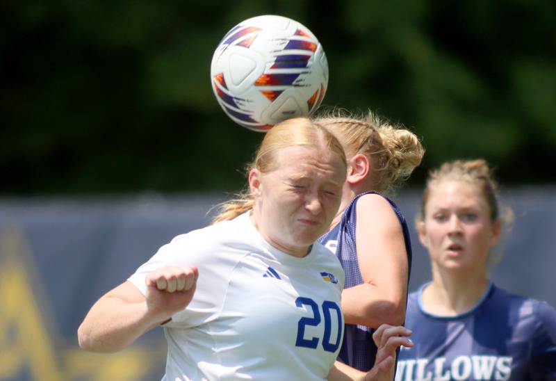 Johnsburg’s Kayla Hiller corrals the ball against Willows Academy in IHSA Class 1A Supersectional soccer action at Dominican University in River Forest on Saturday, May 31, 2025.