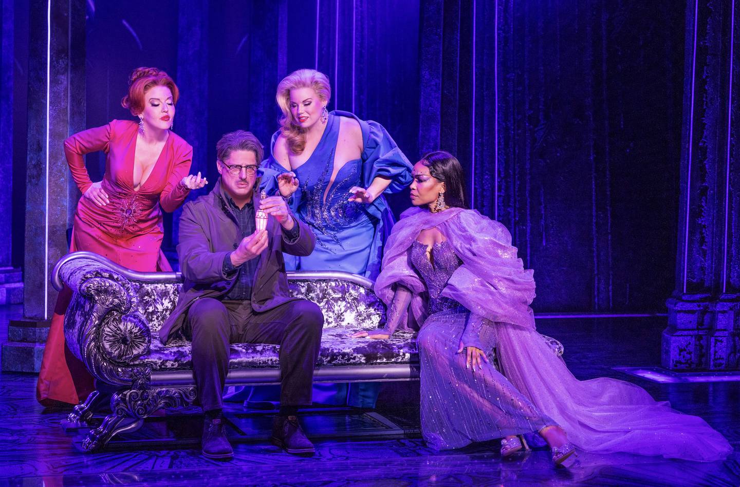 Jennifer Simard (Helen Sharp), Christopher Sieber (Ernest Menville), Megan Hilty (Madeline Ashton), and Michelle Williams (Viola Van Horn). "Death Becomes Her"