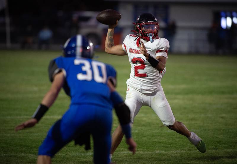 Momence's Erick Castillo looks to pass in a game against Clifton Central on Friday, September 5, 2025.