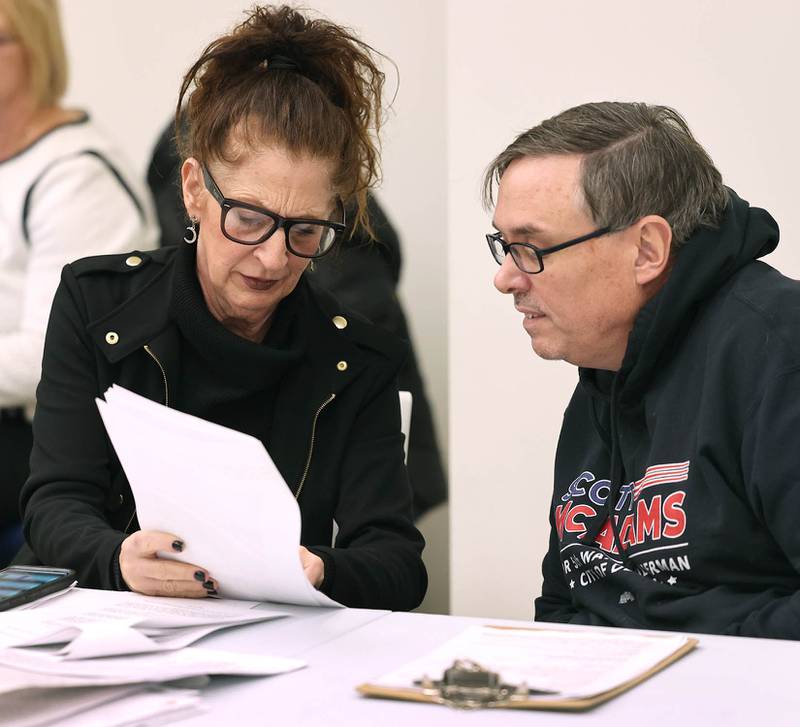 DeKalb City Council Ward 5 alderman Scott McAdams talks to his attorney Anna Wilhelmi Friday, Jan. 13, 2023, during a City of DeKalb Electoral Board hearing. The hearing was held to decide if McAdams, who is running unopposed for DeKalb’s 5th Ward aldermanic seat, should be removed from the ballot due to objections filed by two residents regarding signatures and filing procedure.