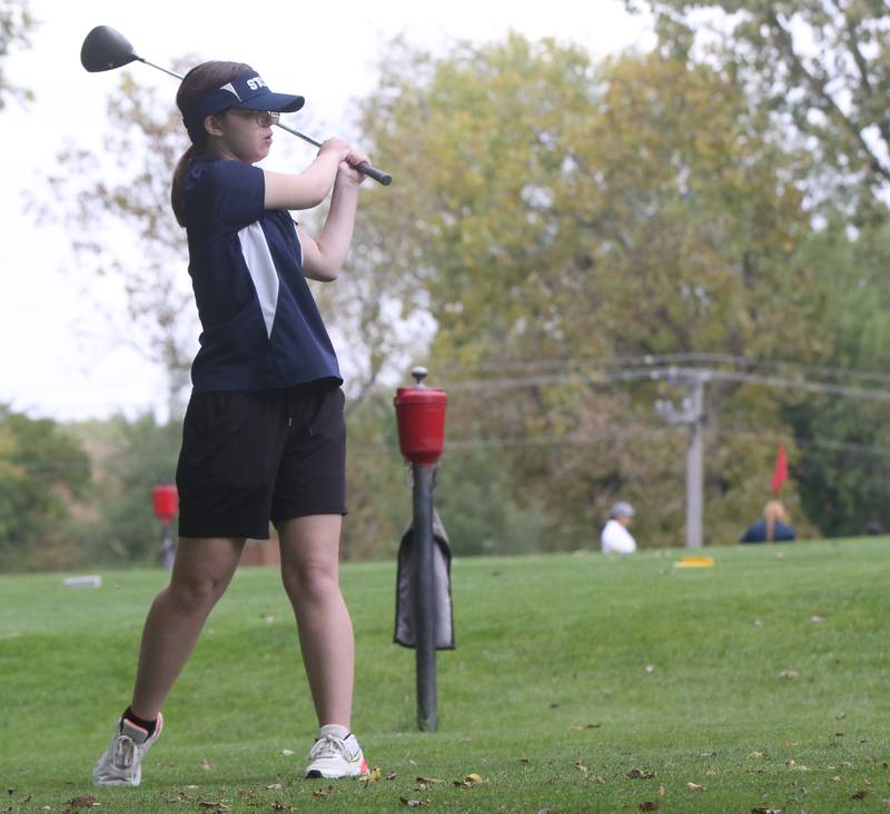 Bureau Valley's Kirstyn Balensiefen tees off during the Class 1A Regional golf meet on Thursday, Sept. 28, 2023 at Spring Creek Golf Course in Spring Valley.