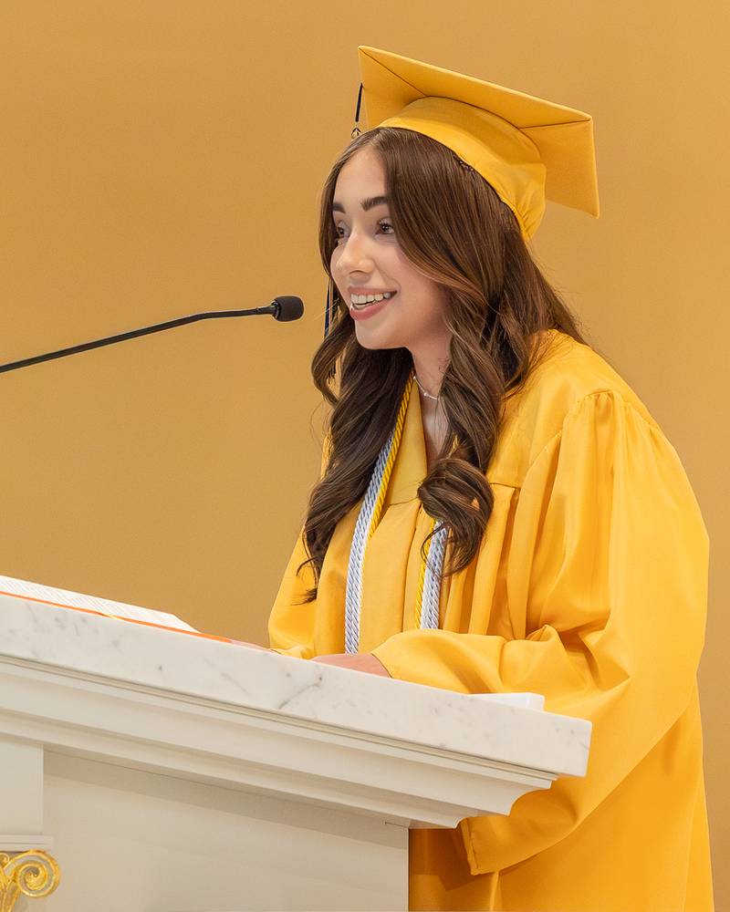 2026 Marquette Academy Graduate and Salutatorian Serenity Guzman speaks at the Class of 2026 Graduation Ceremony on May 24, 2026 at St. Columba Church in Ottawa.