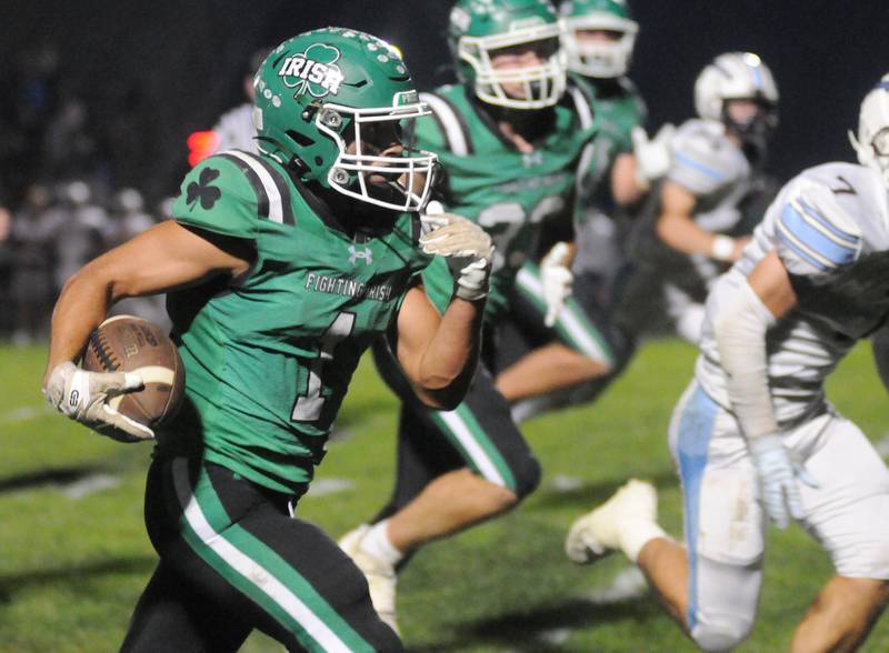 Seneca senior Ethan Othon (1) runs in Seneca's fourth touchdown against St. Joe-Ogden on Friday, Oct. 17, 2025 at Seneca High School.