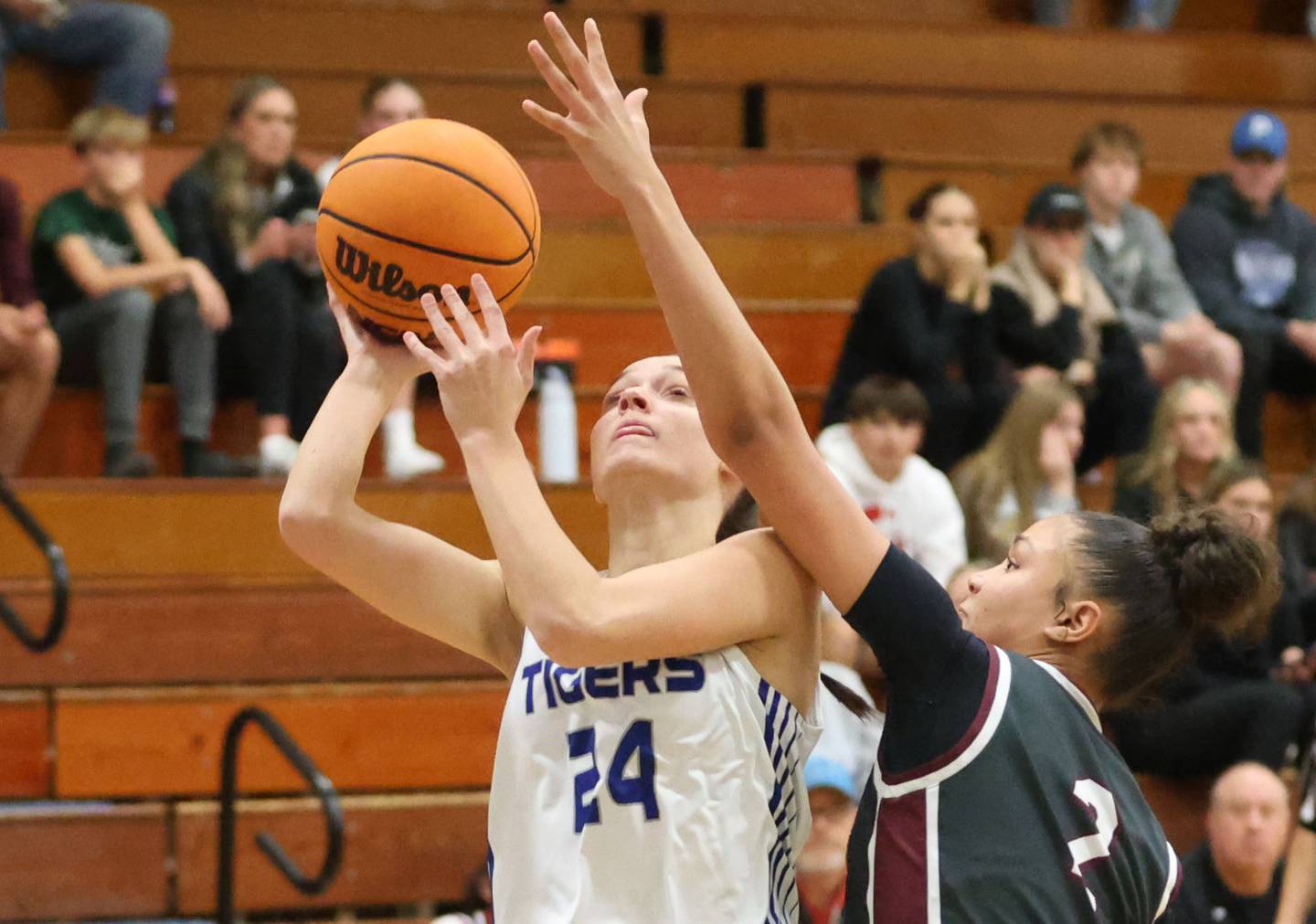 Princeton's Keighley Davis eyes the hoop as Illinois Valley Centra's Alayah Nelson defends during the Princeton High School Girls Basketball Holiday Tournament on Saturday, Nov. 22, 2025 at Princeton HIgh School.